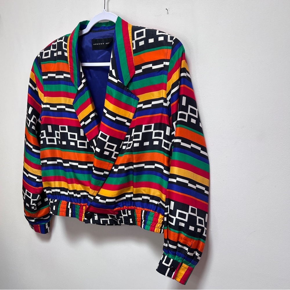 August Silk 100% Silk 80s Colorful Graphic Women's Jacket, Oversized 8 - Picture 2 of 5
